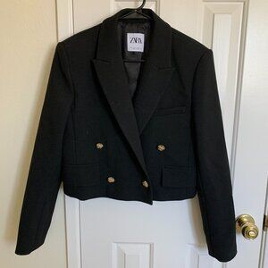 ZARA Women Double Breasted Cropped Blazer 2010/751, Black, Size S